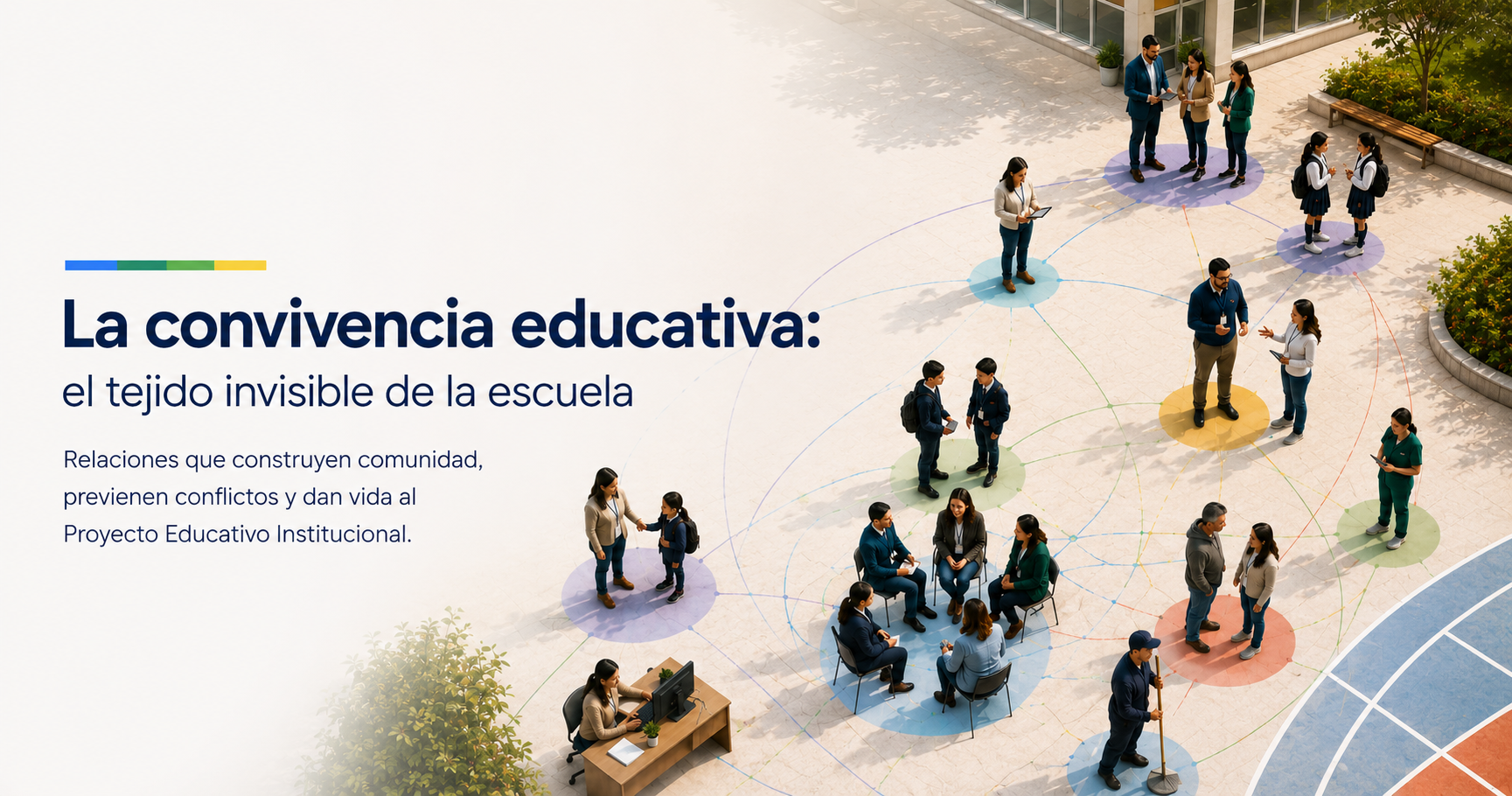 Ilustración de la comunidad educativa conectada, representando la convivencia educativa como tejido invisible de la escuela